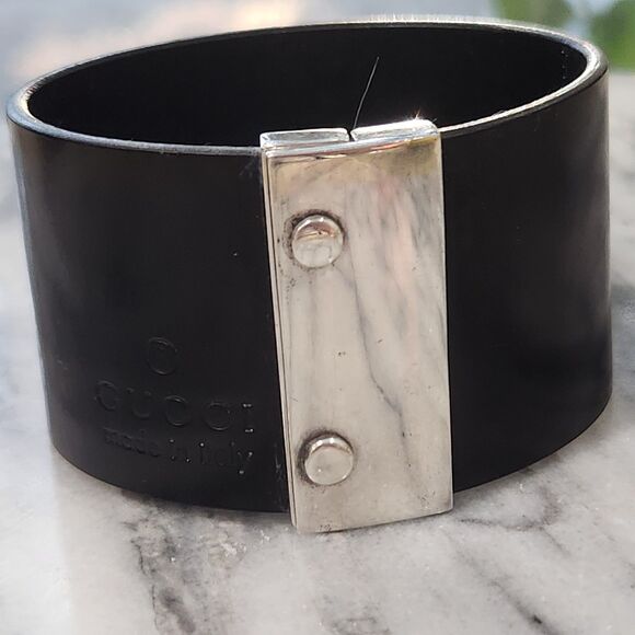 Gucci 925 Silver & Black Leather Cuff Bracelet in Box - Picture 1 of 13